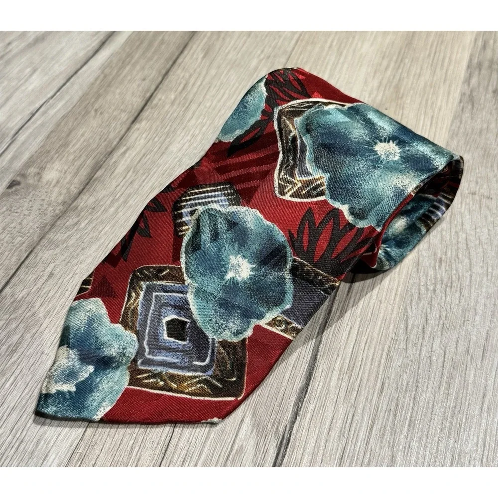 Vintage Bugatti Blue & Red Floral 100% Italian Silk Tie